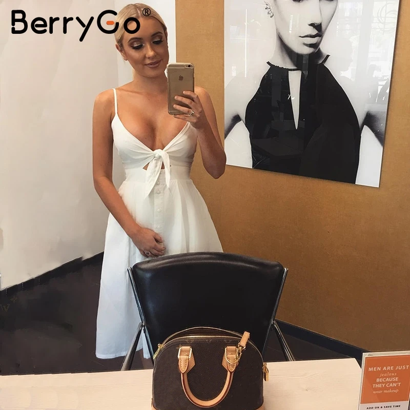 BerryGo Открытое платье миди на бретелях, женские платья, повседневное летнее платье с открытой спиной, женское платье с бантом на пуговицах, весна, vestidos