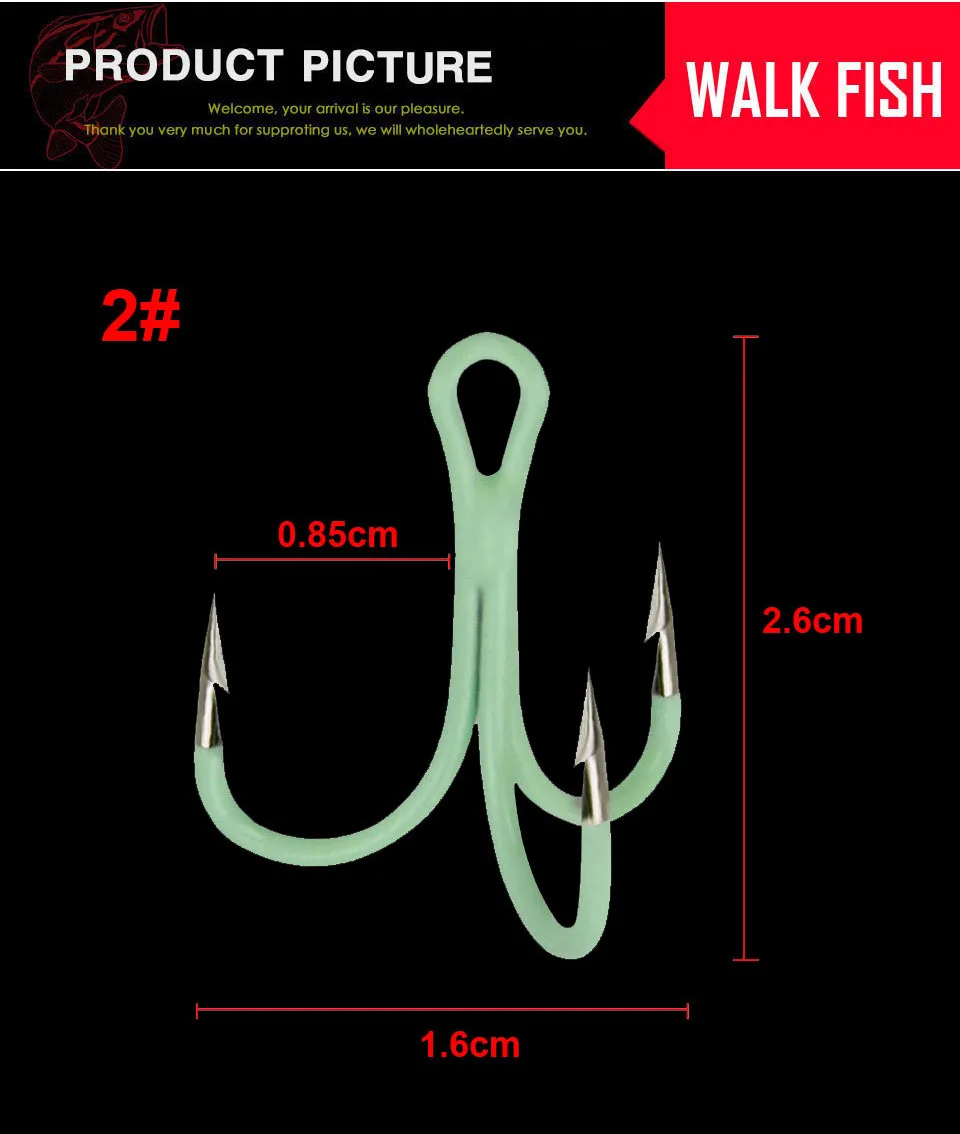WALK FISH 10PCS/Lot Luminous Treble Fishing Hooks Carbon Steel Barbed Fishhooks Super Sharp Triple Hooks Sea Tackle Accessories