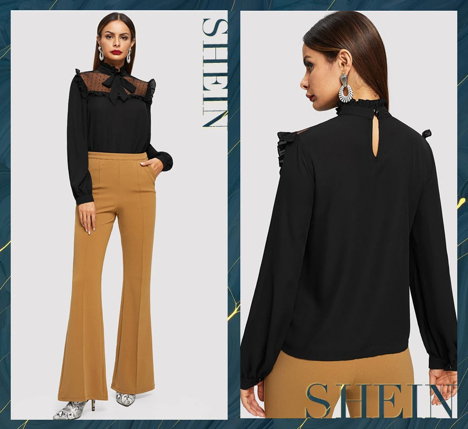 SHEIN Стильный Топ С Сетчатыми Вставками Женская Черная Элегантная Блузка С Длинными Рукавами