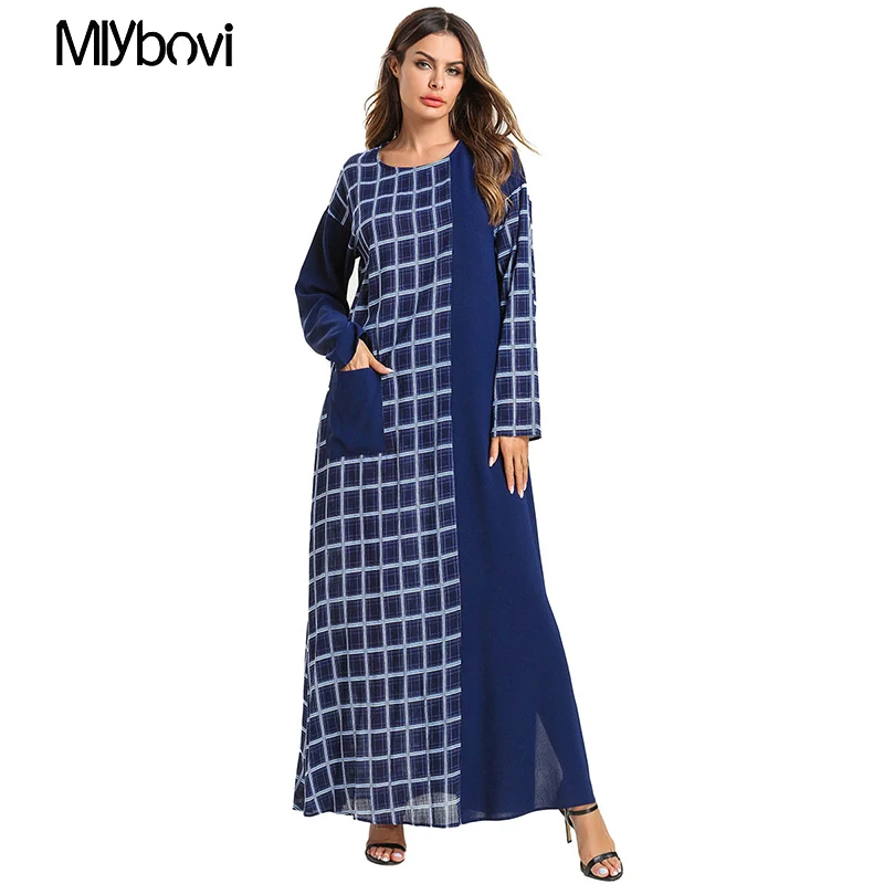 Striped Patchwork Women Dress Navy Blue Fashion Casual Maxi Muslim block Spring Summer Female Plaid islamic clothing 2019 | Женская