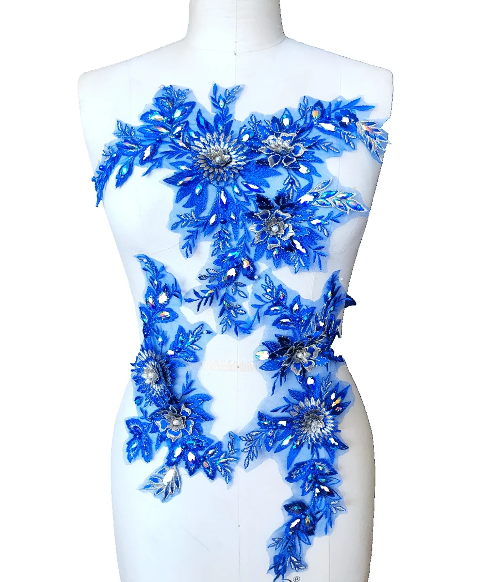 

Sew on rhinestones lace applique royalblue Three-dimensional flower patches for dress DIY accessories