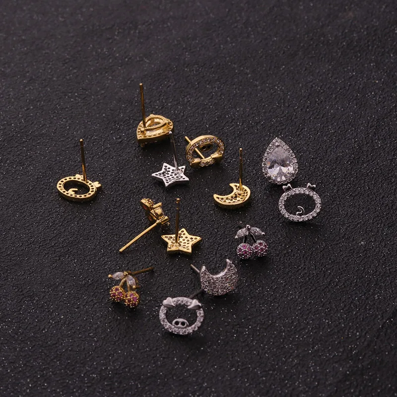Серьги гвоздики Sellsets с фианитами изящная серьга серебряная и Золотая Звезда Луна