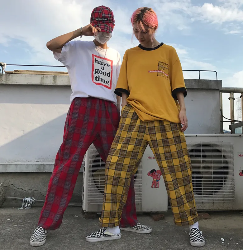 Женские брюки в Корейском стиле INS Harajuku свободные длинные клетку со средней