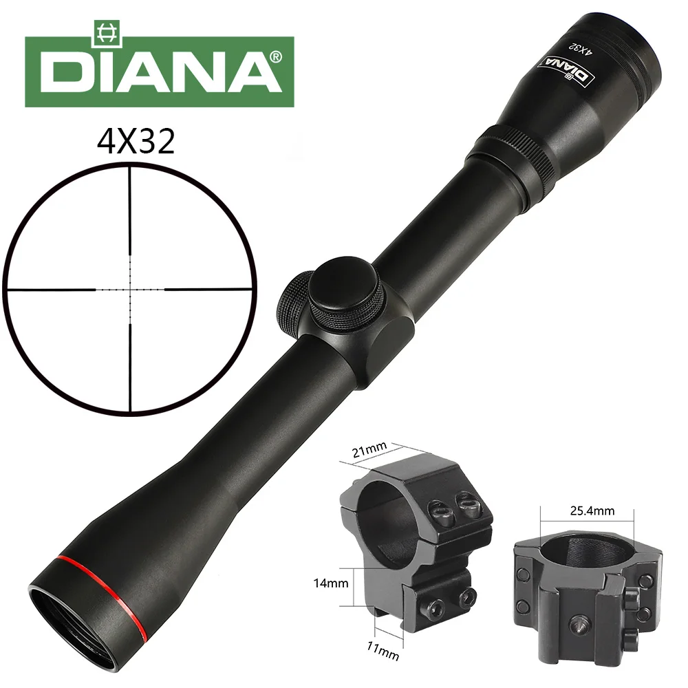 Scope and 11mm Rings Тактический Диана 4X32 прицел Mil точка сетка охотничий оптический прицел - Цвет: Scope and 11mm Rings