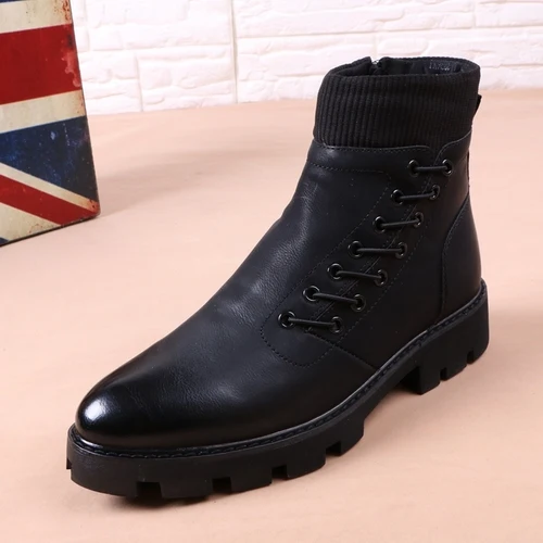 Mens High Top Faux Leather Motorcycle Ankle Boots Pointed Toe British Style Shoes New Black S177 - Цвет: With plush lining