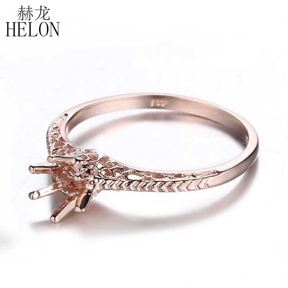 HELON Real 14k розовое золото Сертифицированный круглый 4-5 мм Пасьянс Античный Декор Винтаж полу крепление кольцо ювелирных изделий