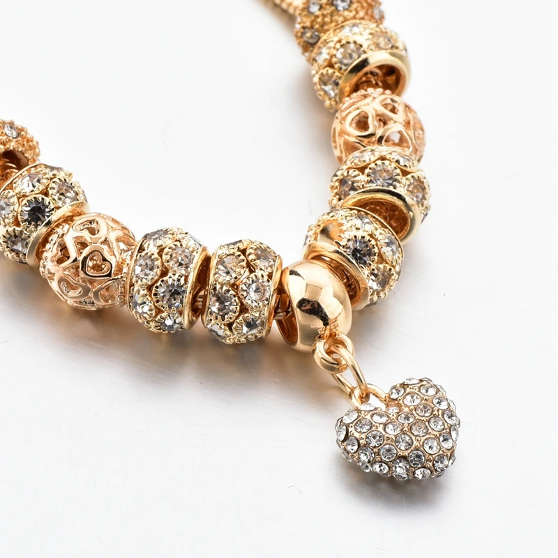 ATTRACTTO 20CM Gold Heart Charm Crystal Bracelets Bangles For Women Stainless Steel Bracelet Handmade Jewelry Bracelet SBR190044