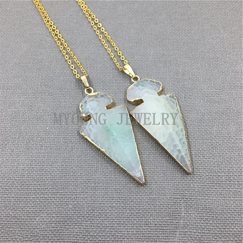 

MY1050 Light Green Arrowhead Black Agates Pendant Charm,Natural Crackled Agates Gold Chain Necklace kolye