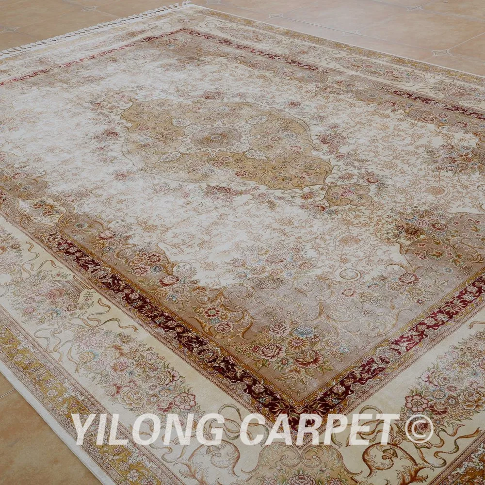 Koop Yilong 8.5 'x11. 8' Handgemaakte Zijden Rug Oosterse Grote Antieke Beige Turks Tapijt (1584)