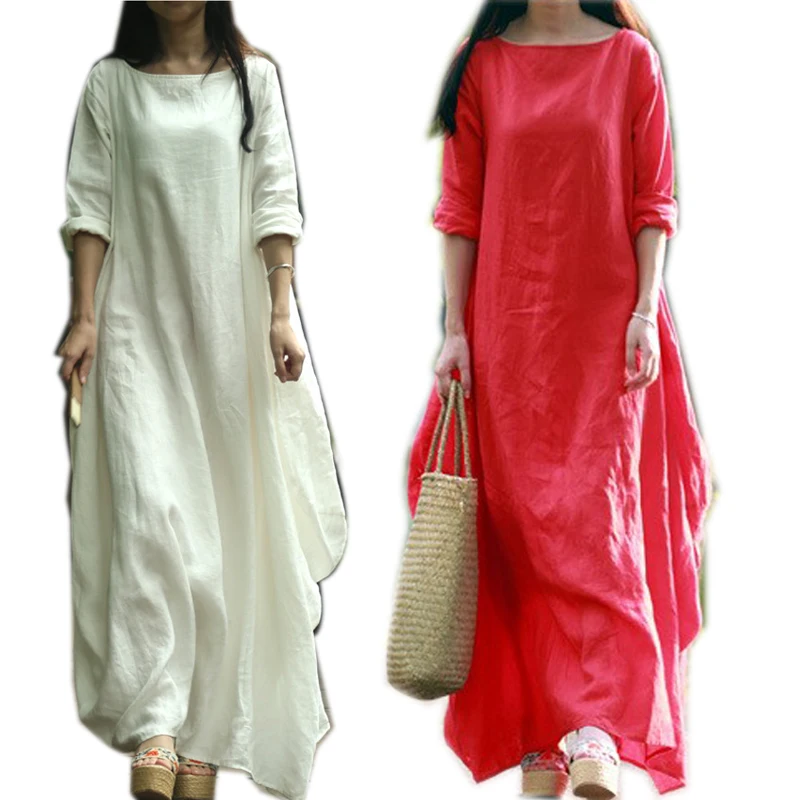 Женское Свободное длинное платье из хлопка и льна элегантное льняное макси в