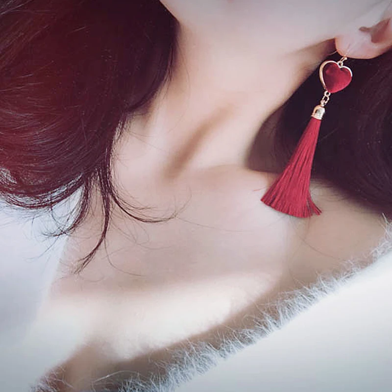 AE-CANFLY Classic Red Lover Heart Tassel Earrings Colorful Fringed Good Quality pendientes mujer moda | Украшения и аксессуары
