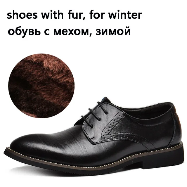 black with fur Натуральная кожа Мужская модельная обувь, высококачественные мужские туфли-оксфорды, мужская обувь на шнуровке в деловом стиле, мужские брендовые свадебные ботинки - Цвет: black with fur