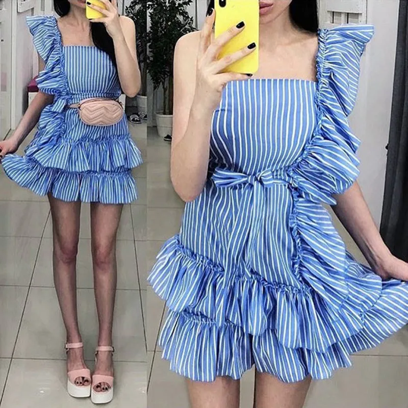JuneLove Women Dress Vintage Off Shoulder Ruffles Striped Mini With Belt Sexy Casual A-Line Vestidos | Женская одежда
