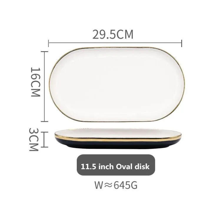 29.5 cm Oval disk Синяя Керамическая обеденная тарелка с золотым краем, кухонная тарелка, набор посуды, роскошный Западный поднос, ГОВЯЖЬЯ десертная тарелка, блюдо для торта, ложка, миска, 1 шт - Цвет: 29.5 cm Oval disk