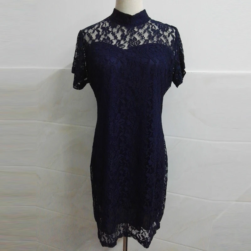 Плюс Размер 6XL кружевное платье для вечеринки с воротником-стойкой темно-синее