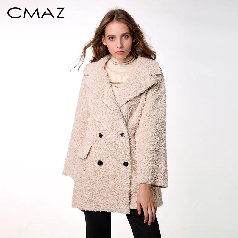 

CMAZ solid coat 2019 Winter long sleeve office lady double breasted Jacket MX18D6508