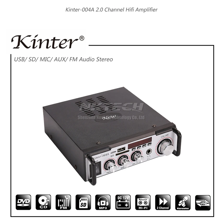 Автомобильный усилитель мощности, Kinter-004A, цифровой аудио плеер, 2x15 Вт, Hi-Fi, стерео, бас, ВЧ, громкость, USB, SD, MP3, FM, CD, DVD, микрофон, 12 В, 220-240 В