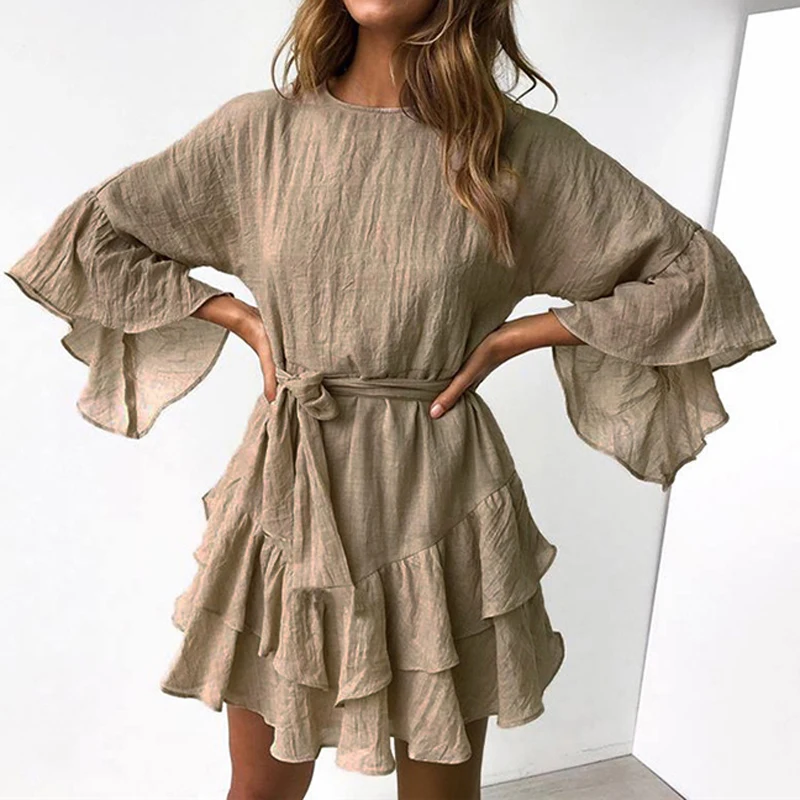ELSVIOS Women Spring Ruffles Three Quarter Sleeve Mini Dress Elegant Casual O-neck Sashes A-Line Bow Tie Up Summer Beach Dresses | Женская