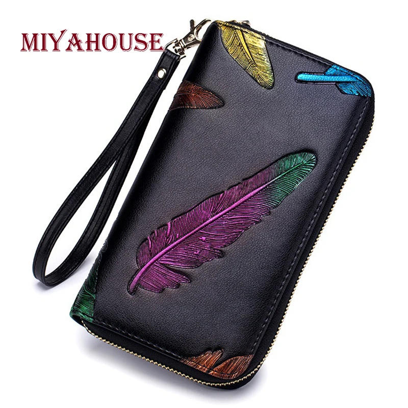 Miyahouse модные тисненые перья держатель для карт женские кошельки Высокая емкость кредитный держатель для карт кошелек женский сотовый телефон сумки