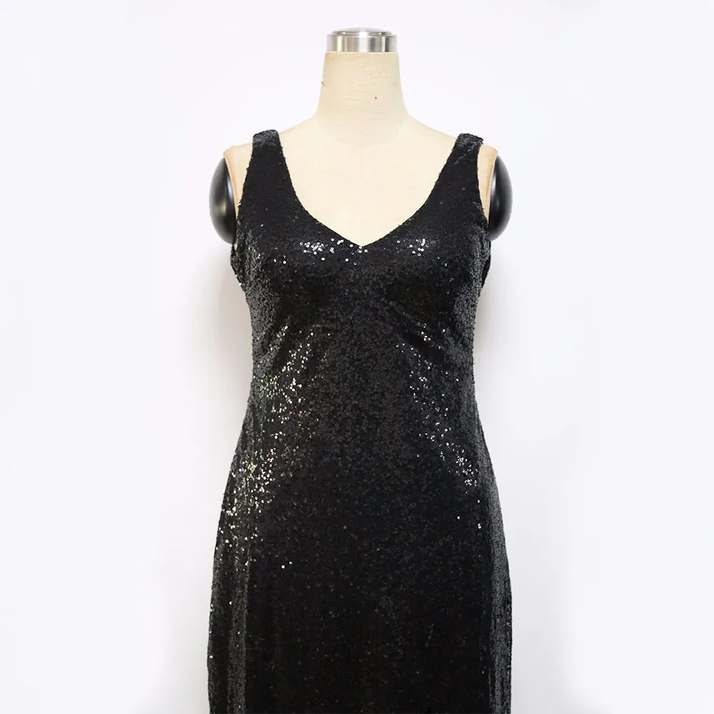 Reaqka Women Maxi party dresses Evening Paillette Robe Sexy club Black summer sundress long v neck Elegant Sequin Dress XL