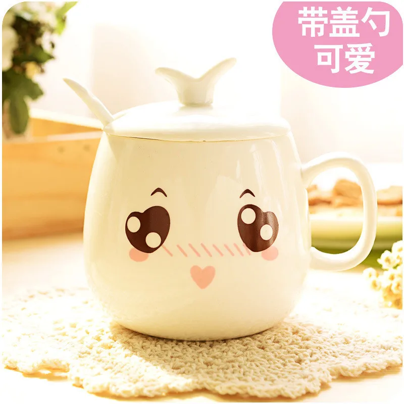 Cute Кофе Молоко Кружка для сока чашки Милая керамика бытовой портативный модные кружки с Ложка Крышка Чай очаровательные подарочные кружки - Цвет: Cute
