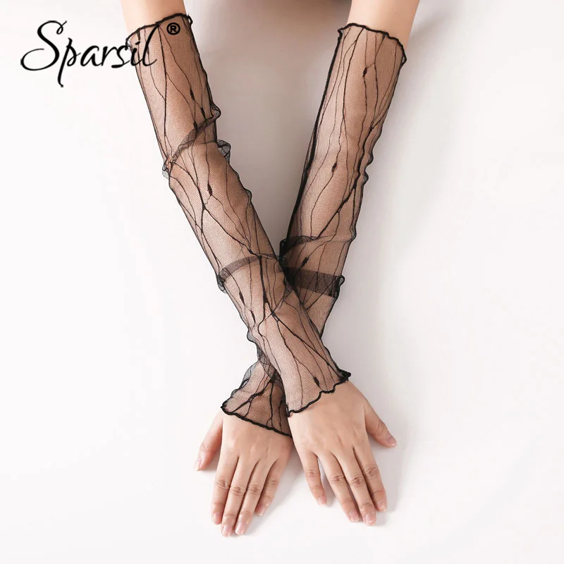 Sparsil Summer Women Long Lace Gloves Female Sun Protective Party Driving Mitten Patterns Anti-UV Sun Block Thin Armband 50cm