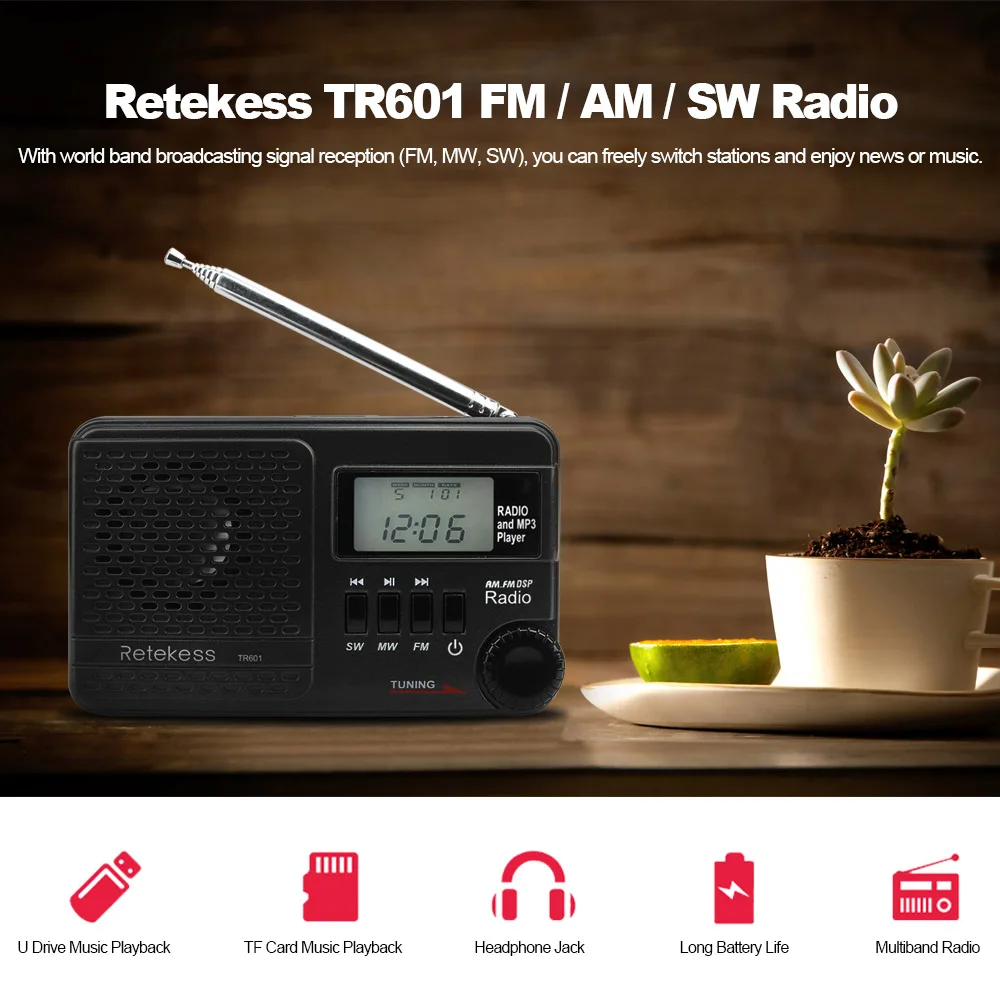 Retekess TR601 FM/AM/SW радио многополосный цифровой стерео радио приемник ж/MP3 колонки наушники Выход Время антенна дисплея радио
