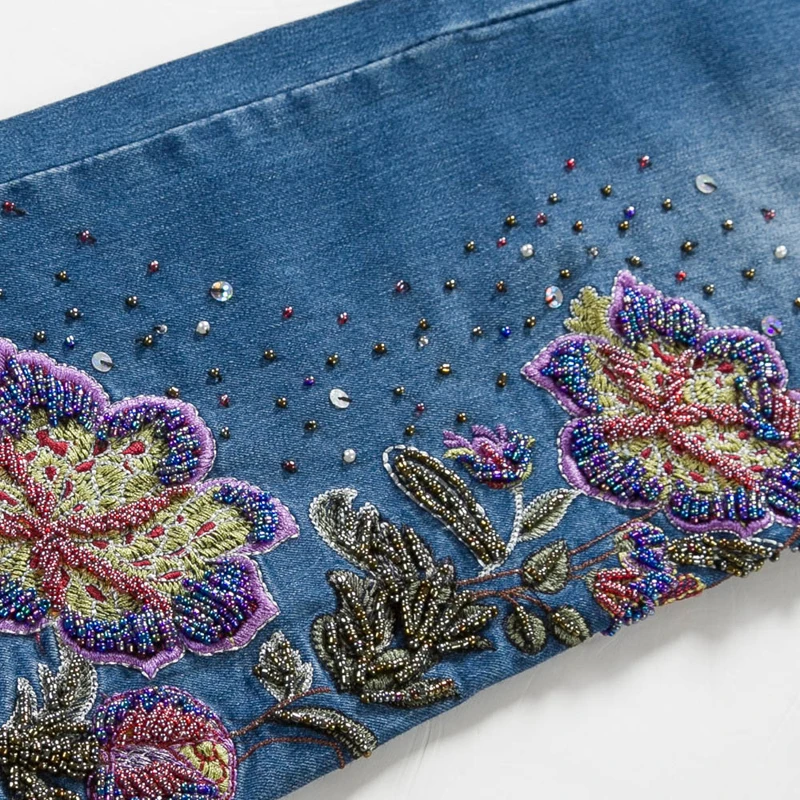 

Brand Skinny Pants Female Handmade Beading Embroidery Pants Lady Streetwear High Waist Jeans Women Plus Size Blue Flare Pants