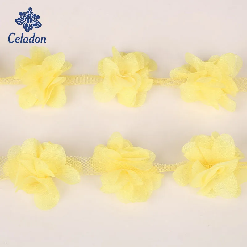 24 шт желтый 2 ярдов 3D шифон кластер Цветы Кружева платье украшение кружева