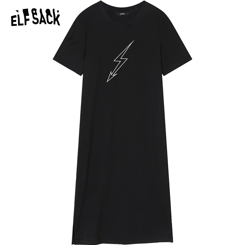 Black Женское повседневное платье из хлопка ELF SACK, черные уличные женские платья А-силуэта с круглым вырезом и принтом букв для отдыха летом - Цвет: Black