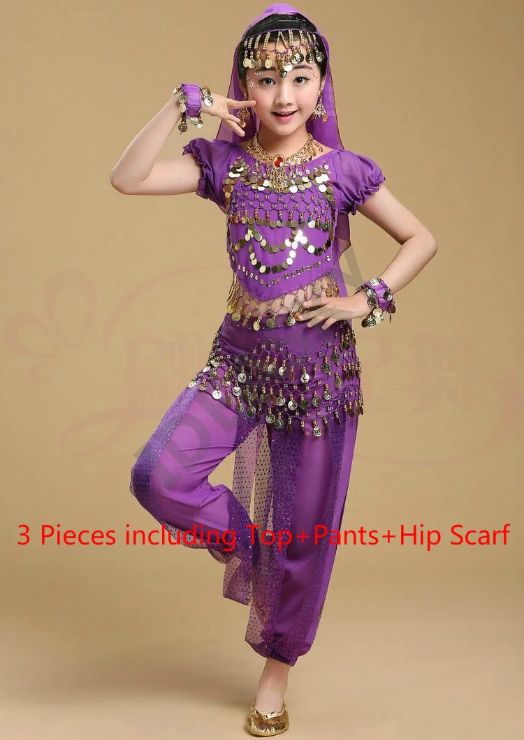 Purple 3pcs Дети ребенок Восточный набор костюма для танца живота Восточные Танцевальные Костюмы Танец живота танцевальная одежда Индийский Болливуд девушка для взрослых - Цвет: Purple 3pcs