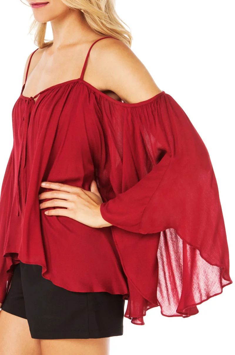 Women's Summer Blouses Off shoulder Flare sleeves Tops Female Wine Red Slash Neck Chiffon Ruffle Blouse And Shirts For Women |