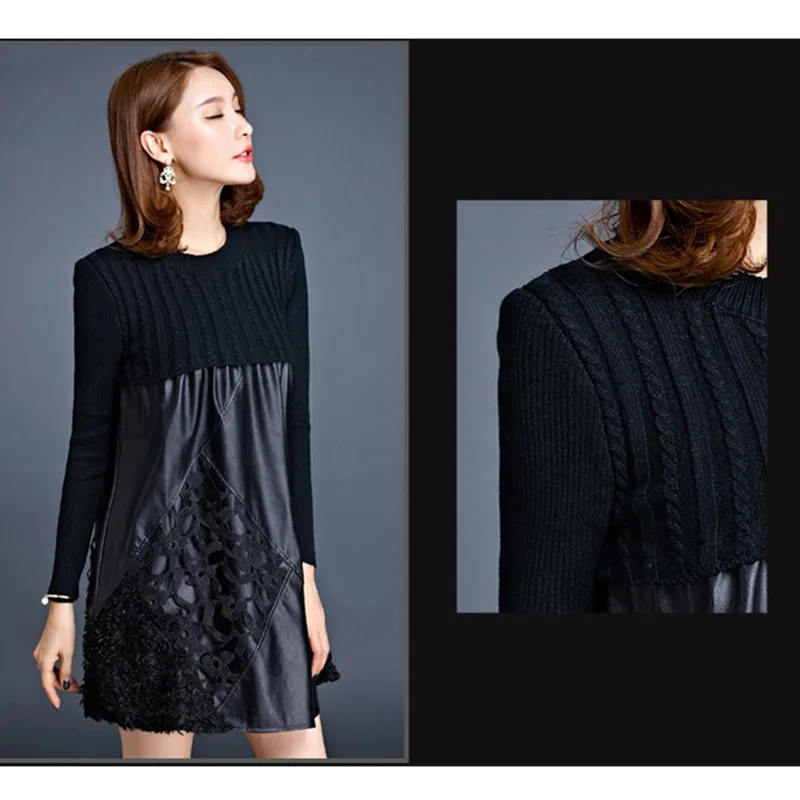 Женское кожаное вязаное платье YAGENZ длинное свитер с прострочкой и длинными