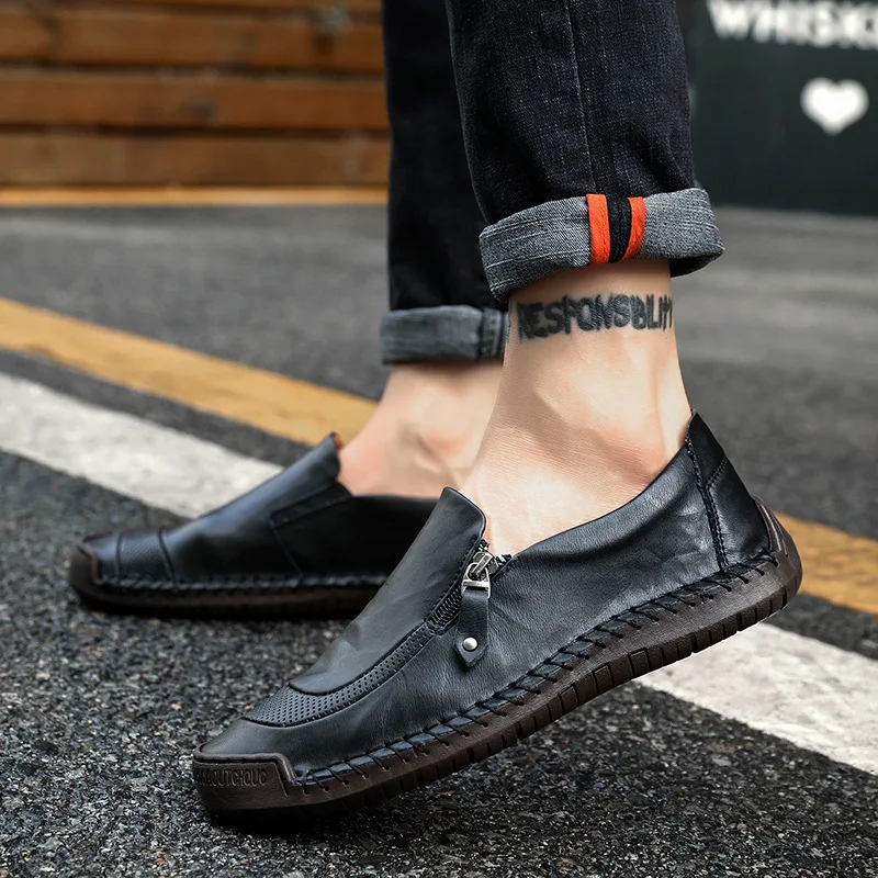 

QFFAZ 2019 New Men Shoes High Quality Men Leather Shoes Fashion Zip Male Casual Shoes Luxury Brand Men Flats Leather Moccasins