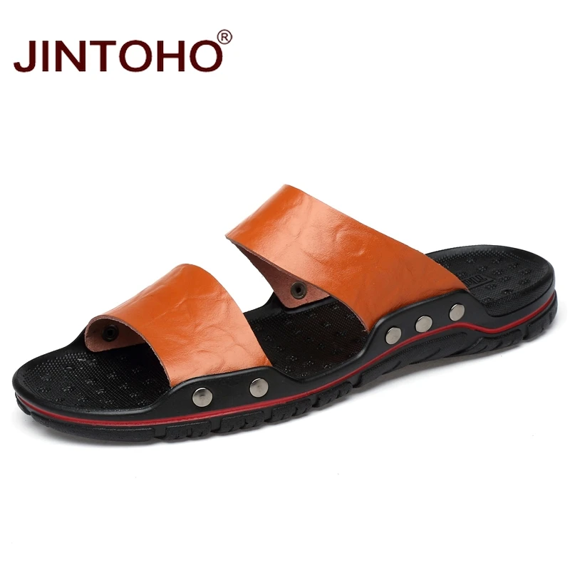 red brown JINTOHO/мужские шлепанцы из натуральной кожи большого размера; модная летняя обувь; повседневные кожаные тапочки для мужчин; дешевые пляжные Тапочки - Цвет: red brown