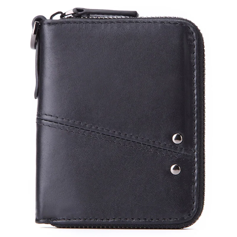 Meesii Genuine Leather Short Men Wallet Vintage Cow Leather Small Wallet Male Photo&Card holder Purse Coin pocket Zipper - Цвет: BLACK