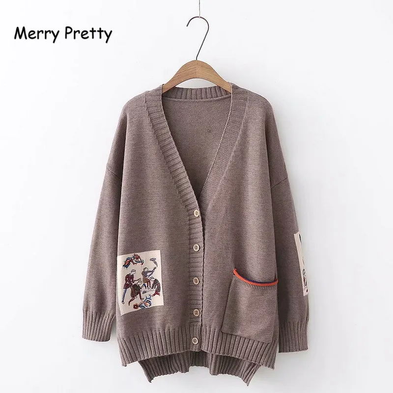 Коричневый Merry Pretty Mori Girl свитер женская одежда Осень Зима полный рукав v-образный вырез вышивка Винтаж Женский Длинный свитер кардиганы - Цвет: Коричневый