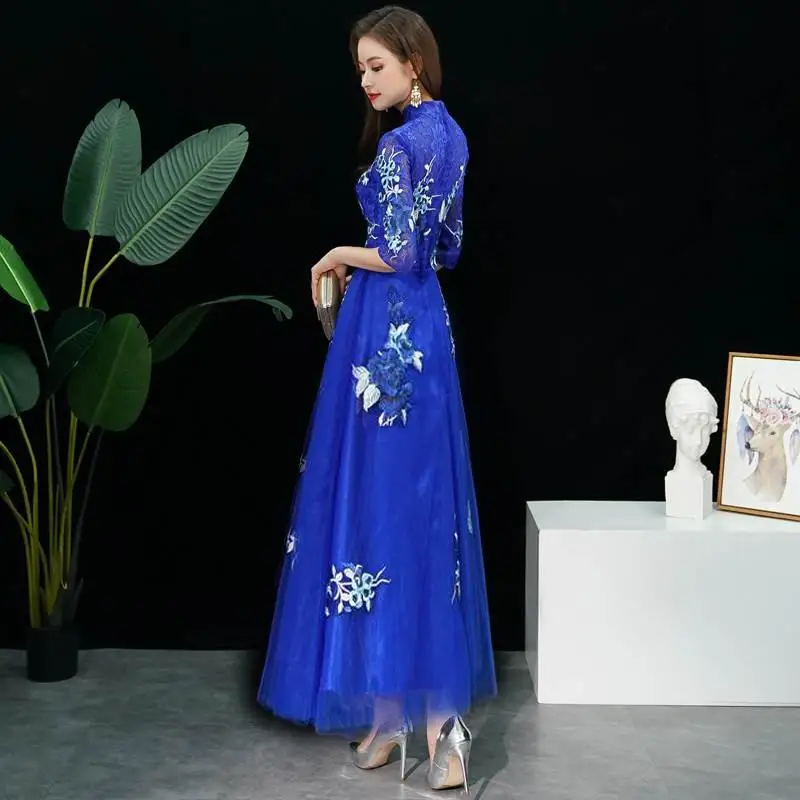 Женские вечерние платья, восточные женские кружевные платья Cheongsam в китайском стиле, элегантные длинные Qipao, сексуальные тонкие свадебные платья, Vestidos XS-XXXL - Цвет: Blue - B