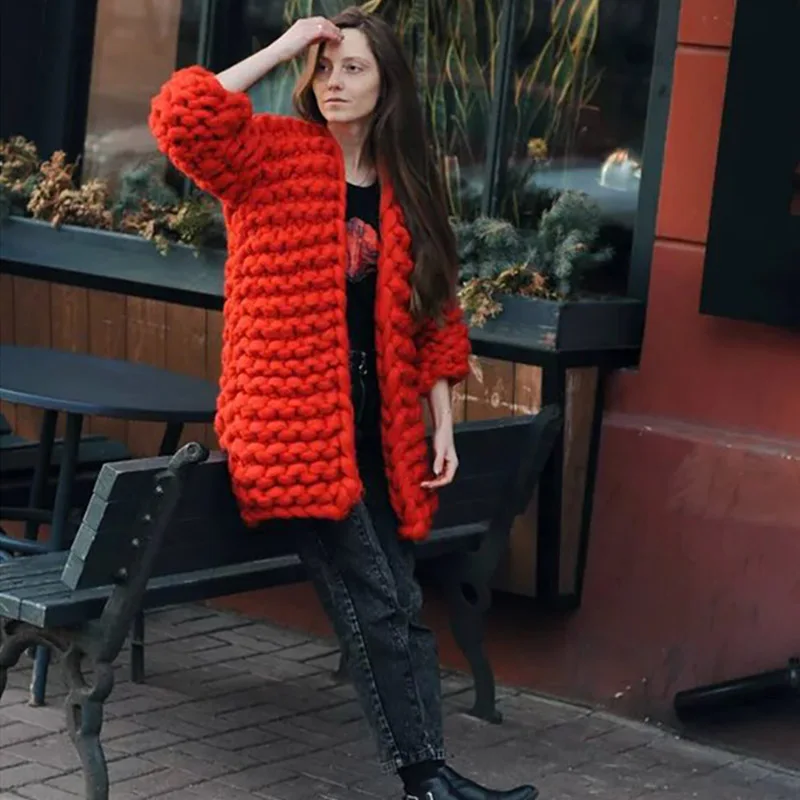 Fall Winter Thick warm Cardigan Sweater Long section hand-woven sweater Large size Streetwear women Hand-knit |