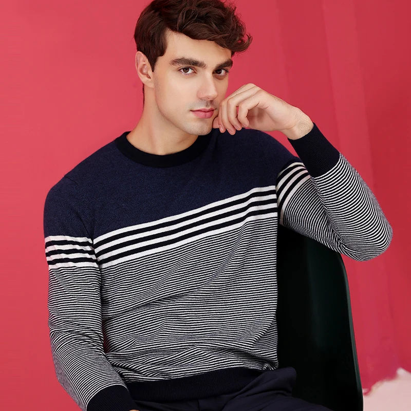 ZHILI 2018 New Autumn Winter Crew Neck Striped Sweater 100% Wool