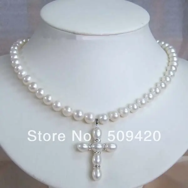 

Free Shipping JEWELRY 7-8MM PEARL AND PEARL CROSS PENDANT NECKLACE