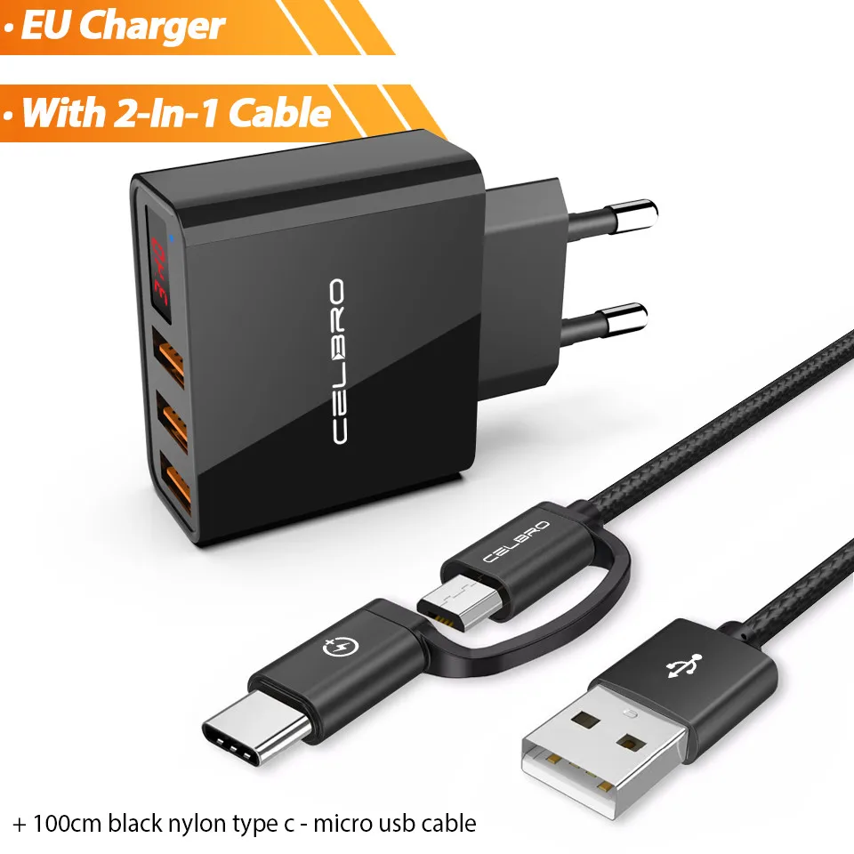 3.4A EU with cable 3 порта Usb настенное зарядное устройство адаптер ЕС США вилка Usb зарядное устройство для телефона светодиодный дисплей Универсальное зарядное устройство Usb для нескольких телефонов - Тип штекера: 3.4A EU with cable