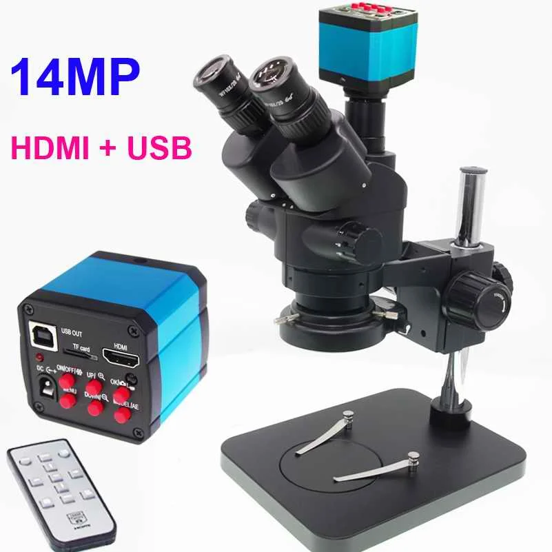 Basic with 14MP Cam Черный симуляторный фокусный фокус 7X-45X Тринокулярный промышленный стереомикроскоп+ 144 светодиодный кольцевой свет(индустрия 14MP/21MP/авто камера - Цвет: Basic with 14MP Cam
