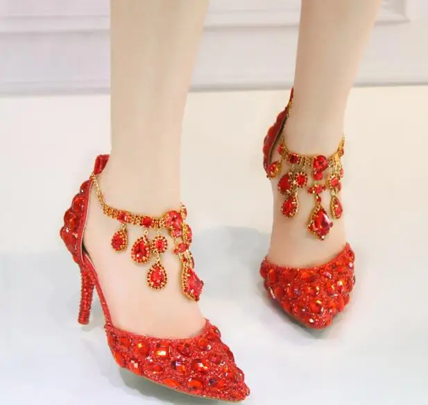 red big strap Свадебные туфли с ремешком на щиколотке, украшенные кристаллами; вечерние модельные туфли на среднем каблуке; туфли-лодочки с острым носком; Цвет серебристый, красный; женская обувь на высоком каблуке - Цвет: red big strap