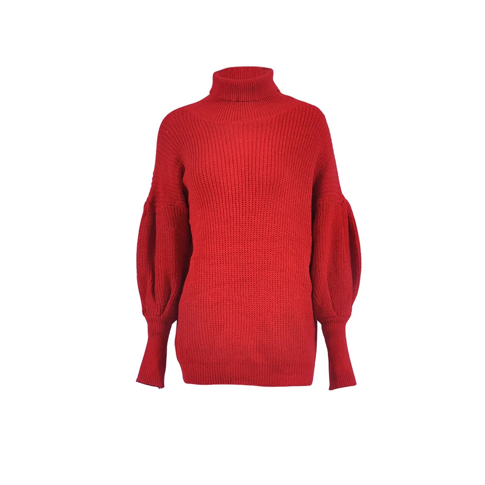 

New High Street Women Sweaters Lantern Sleeves Top Autumn Winter Female Turtleneck Pullover Loose Jumper Knitted Party Tops Hot