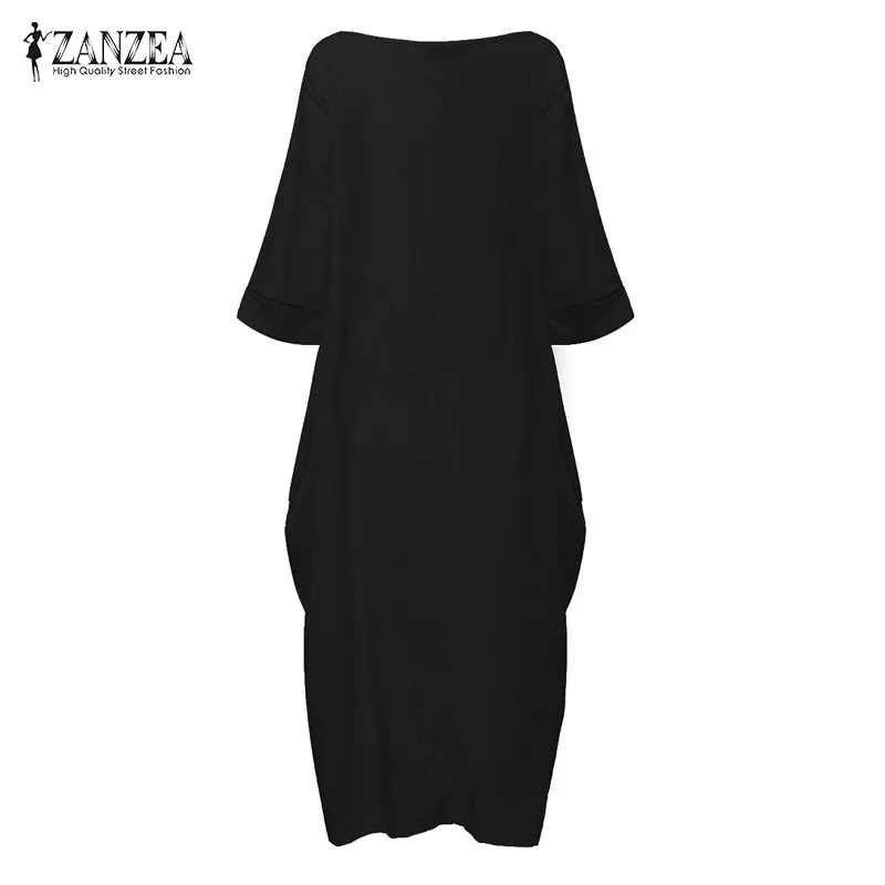 ZANZEA, женское платье с круглым вырезом и рукавом 3/4, мешковатые, макси, длинные, повседневные, свободные, вечерние, платье-рубашка, кафтан, льняное, однотонное, платье размера плюс