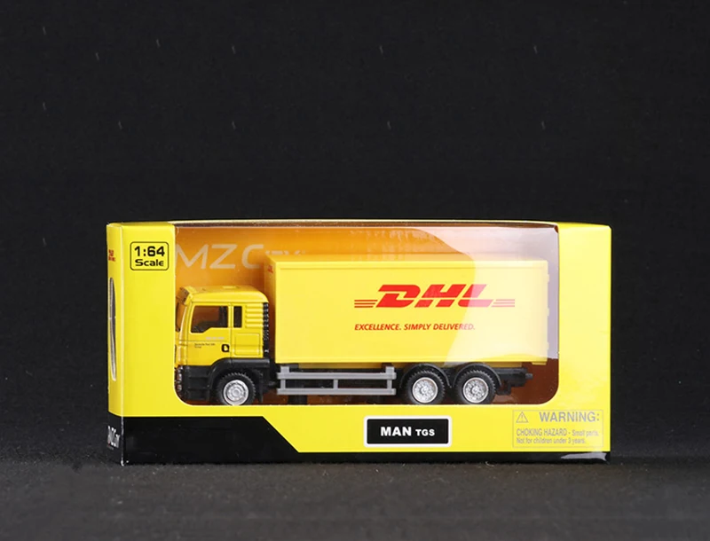 1/64 масштаб Экспресс DHL модели грузовых автомобилей желтый выдвижной назад сплав пластик с коробкой Игрушки для коллекции дисплеев подарки для детей
