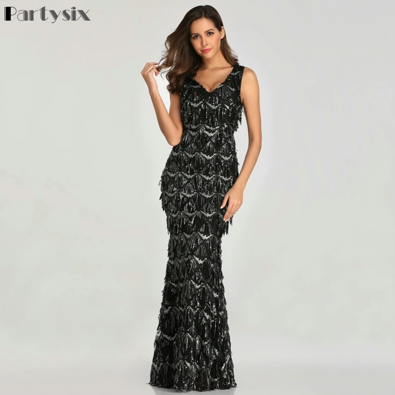 

Partysix 2021 Sexy V-neck Tassel Sequin Dress Women Elegant Long Evening Party Dress