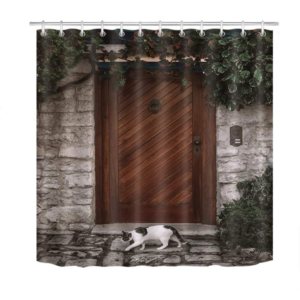 Каменная настенная и деревянная дверь душевая занавеска в форме кошки с ковриком