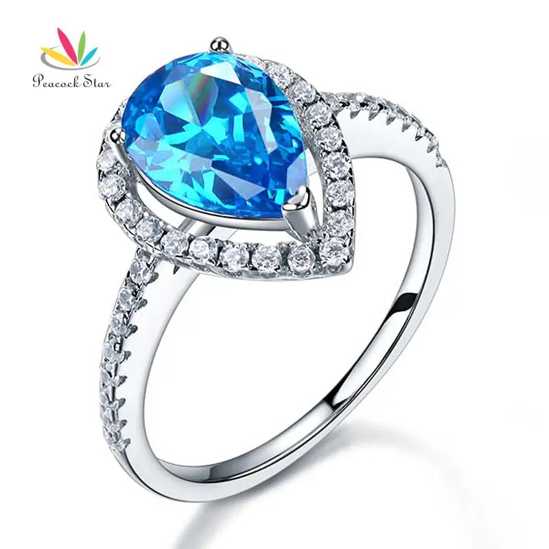 

Peacock Star Solid Sterling 925 Silver Bridal Wedding Promise Engagement Ring 2 Carat Pear Blue Jewelry CFR8202